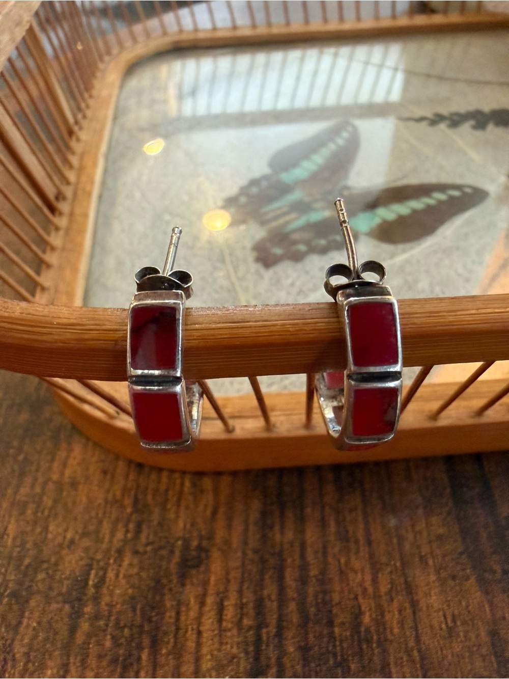 Vtg Sterling Silver Red Jasper Inlay Hoop Earrings Sterling Tone Women’s Jewelry